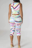 White Casual Print Patchwork O Neck Sleeveless Two Pieces