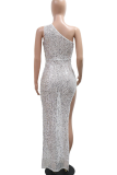 Silver Sexy Solid Color Hollow Out Sequins High Slit Oblique Collar Long Dresses
