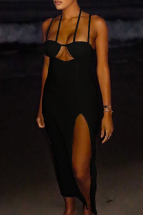 Black Sexy Solid Color High Slit Spaghetti Strap Long Dresses