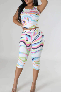 White Casual Print Patchwork O Neck Sleeveless Two Pieces