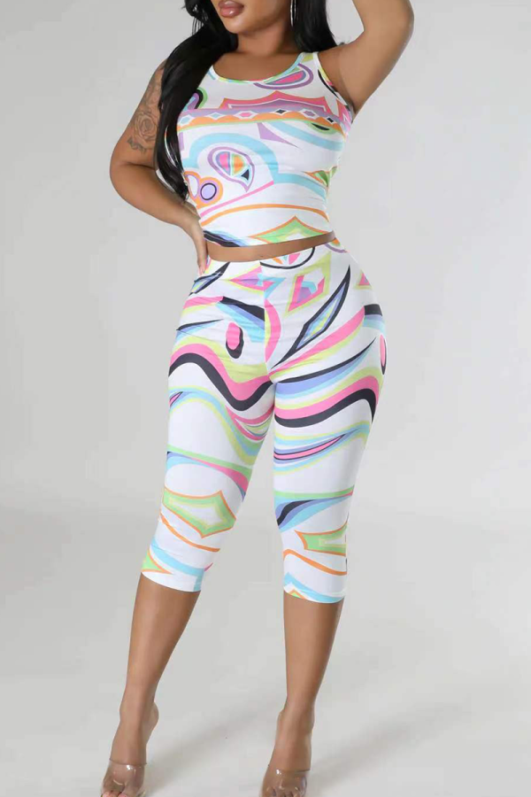 White Casual Print Patchwork O Neck Sleeveless Two Pieces