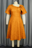 Orange Casual Solid Color Jacquard Flower Shape O Neck Long Dresses
