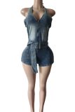 Blue Sexy Solid Color With Belt Zipper V Neck Sleeveless Regular Denim Jumpsuits