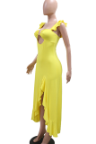 Yellow Sexy Solid Color Hollow Out High Slit Flounce Spaghetti Strap Irregular Dresses