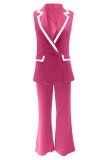 Rose Red Casual Solid Color Buttons Turndown Collar Sleeveless Two Pieces