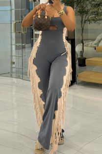 Grey Casual Fringed Trim Hollow Out U Neck Regular Jumpsuits