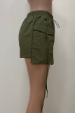 Green Casual Solid Color Draw String Pocket Mid Waist Regular Denim Skirts