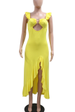 Yellow Sexy Solid Color Hollow Out High Slit Flounce Spaghetti Strap Irregular Dresses