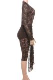 Coffee Sexy Solid Color Lace Ruched Deep V Neck Skinny Jumpsuits