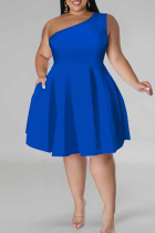 Blue Casual Solid Color Patchwork Oblique Collar A Line Plus Size Dresses