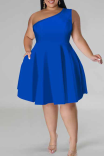 Blue Casual Solid Color Patchwork Oblique Collar A Line Plus Size Dresses