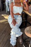 Blue Casual Solid Color Pocket Mid Waist Loose Denim Jeans