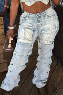 Blue Casual Solid Color Pocket Mid Waist Loose Denim Jeans