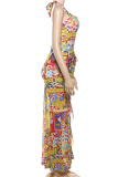 Leopard Print Sexy Print Backless High Slit Strap Design Halter Long Dresses