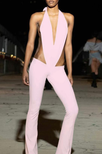 Pink Sexy Solid Color Backless Deep V Neck Skinny Jumpsuits