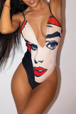 Red Sexy Print Patchwork Swimwears