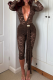 Coffee Sexy Solid Color Lace Ruched Deep V Neck Skinny Jumpsuits