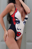 Red Sexy Print Patchwork Swimwears