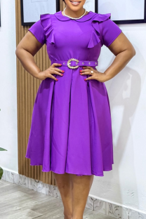 Purple Casual Elegant Solid Color With Belt O Neck Long Dresses