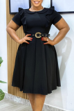 Yellow Casual Elegant Solid Color With Belt O Neck Long Dresses