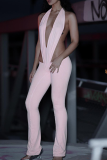 Pink Sexy Solid Color Backless Deep V Neck Skinny Jumpsuits