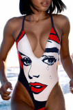Red Sexy Print Patchwork Swimwears