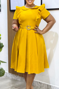 Yellow Casual Elegant Solid Color With Belt O Neck Long Dresses