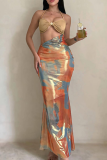 Orange Sexy Print Hollow Out Halter Long Dresses