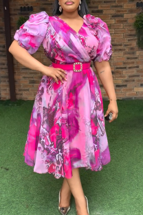 Pink Purple Elegant Print With Belt V Neck Long Plus Size Dresses