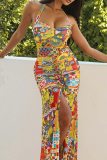 Leopard Print Sexy Print Backless High Slit Strap Design Halter Long Dresses