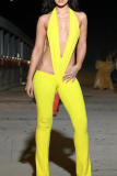 Pink Sexy Solid Color Backless Deep V Neck Skinny Jumpsuits
