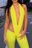 Pink Sexy Solid Color Backless Deep V Neck Skinny Jumpsuits