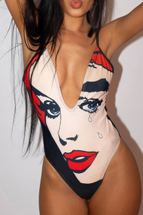 Red Sexy Print Patchwork Swimwears