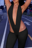 Pink Sexy Solid Color Backless Deep V Neck Skinny Jumpsuits