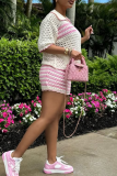 Pink Casual Stripe Pocket Buckle Turndown Collar Half Sleeve Two Pieces