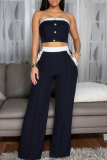 Blue Casual Solid Color Buckle Strapless Sleeveless Two Pieces