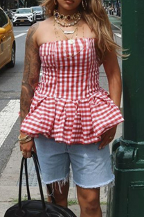Red Sexy Plaid Backless Strapless Tops