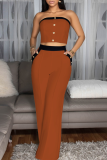 Blue Casual Solid Color Buckle Strapless Sleeveless Two Pieces