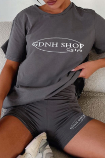 Grey Casual Letters Patchwork O Neck Short Sleeve Two Pieces