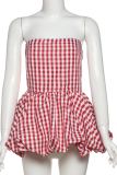 Red Sexy Plaid Backless Strapless Tops