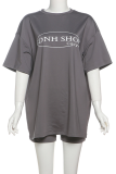 Grey Casual Letters Patchwork O Neck Short Sleeve Two Pieces