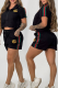 Black Casual Letters Embroidered Zipper Turndown Collar Short Sleeve Two Pieces