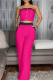 Rose Red Casual Solid Color Buckle Strapless Sleeveless Two Pieces