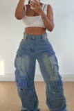 Baby Blue Casual Solid Color Pocket Mid Waist Loose Denim Jeans