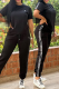 Black Casual Jacquard Letters Draw String O Neck Short Sleeve Two Pieces