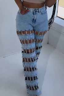 Blue Sexy Solid Color Hollow Out High Waist Regular Denim Jeans