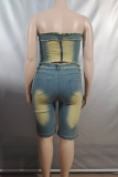 Blue Casual Solid Color Distressed Strapless Sleeveless Two Pieces