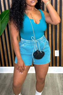 Blue Casual Solid Color Draw String V Neck Sleeveless Two Pieces