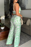 Blue Casual Print Backless Spaghetti Strap Sleeveless Two Pieces