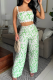Green Casual Print Backless Spaghetti Strap Sleeveless Two Pieces